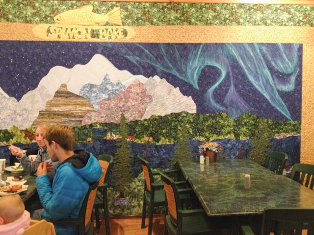 A portion of a mural quilt at the Alaska Salmon Bake