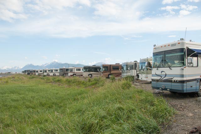 Twenty-two of our motorhomes are lined up with great views east to Kachemak Bay and the mountains.