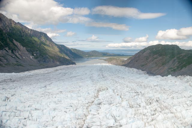 This view looks "down" the Grewingk Glacier toward Kachemak Bay, which receives its melting water, ice "calves," and debris.