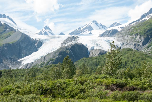 The Worthington Glacier is visible from the roadside of the Richardson Highway near Valdez. The amount of bare rock at the foot of the glacier attests to how rapidly it is receding.