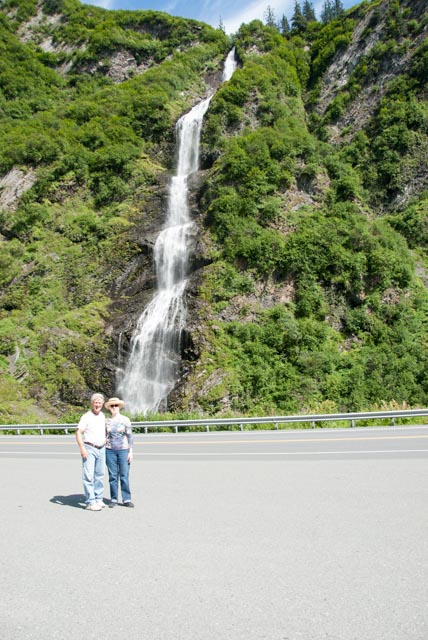 This magnificent waterfall cascades to a stream near the roadside.