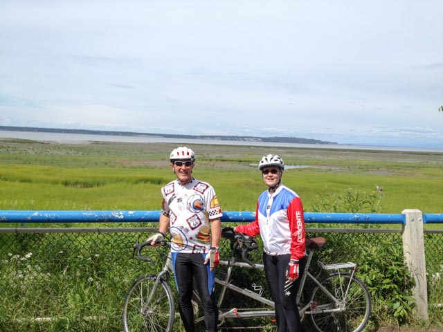 Knik arm of Cook Inlet in background; Texans in foreground